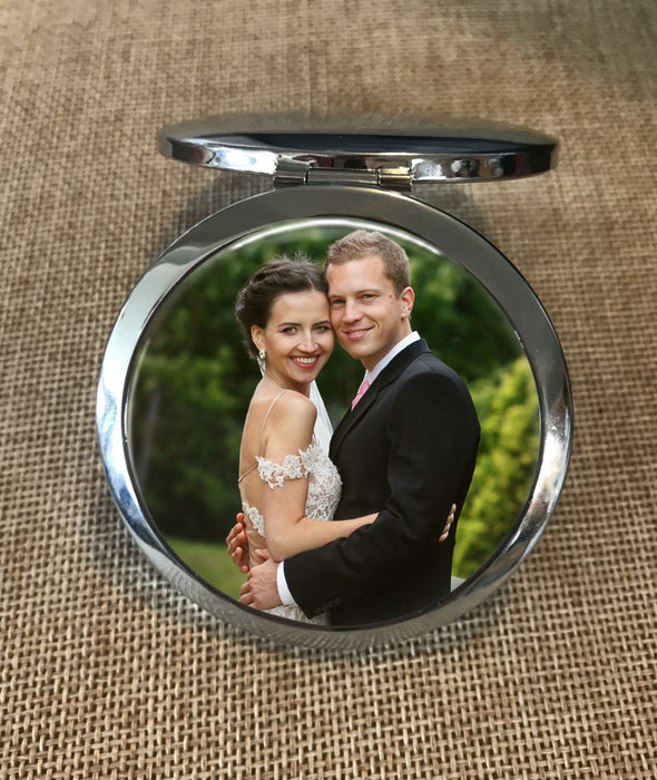bride and groom photo on a custom pocket mirror