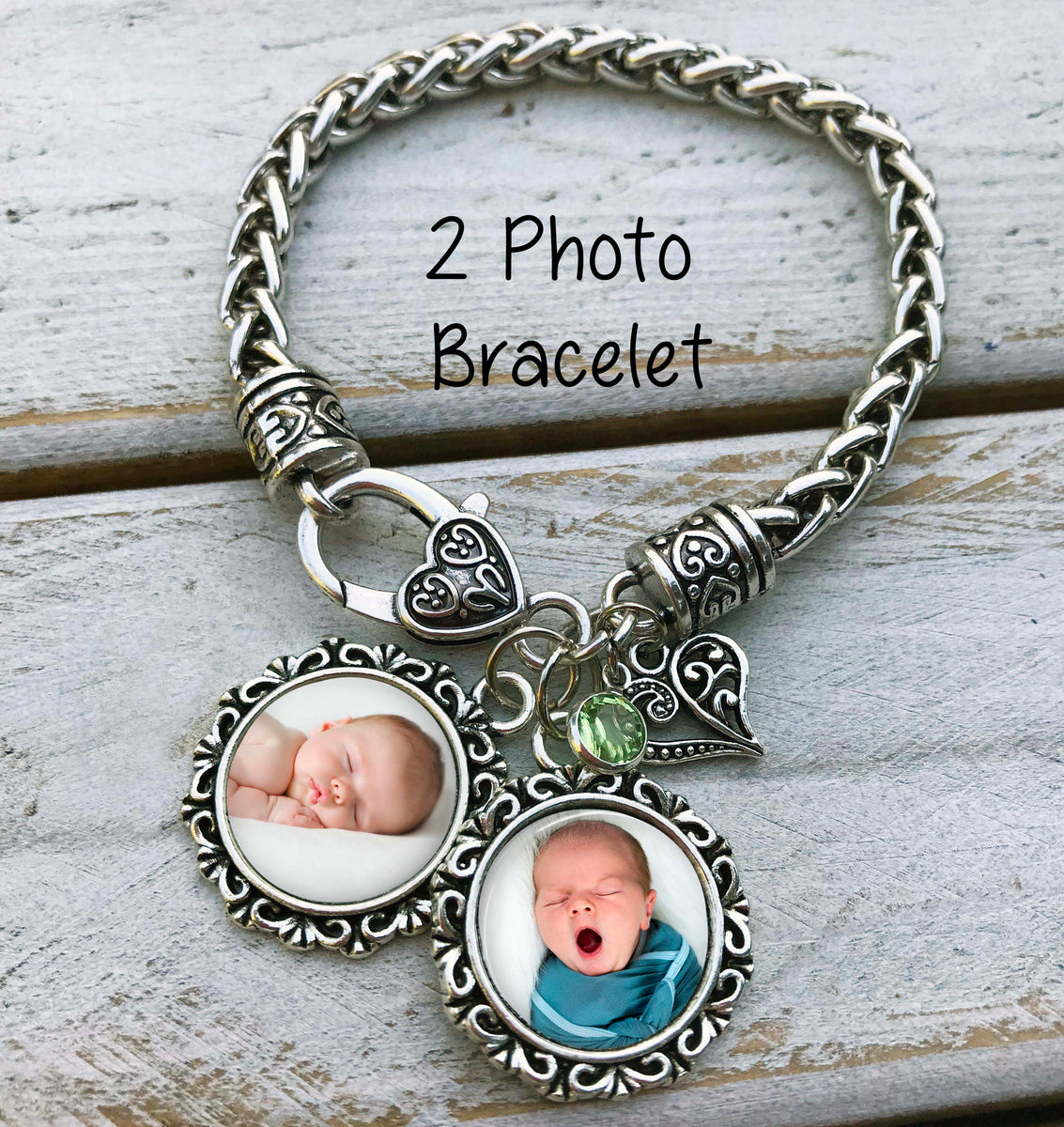 Photo Charm Bracelet with Your Picture Includes 2 Mini Charms on Wheat  Cable Twisted Bracelet with Heart Clasp, Memorial Jewelry