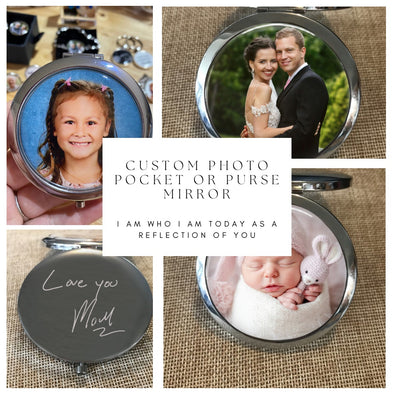 Personalized pocket mirrors with custom photos and engraved message on the back makes a great Mother’s Day gift 