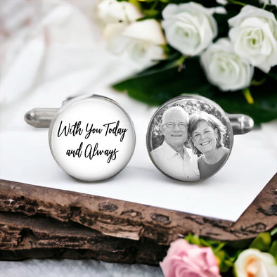 custom photo cufflinks for the groom with a photo of his late parents and the saying with you today and always