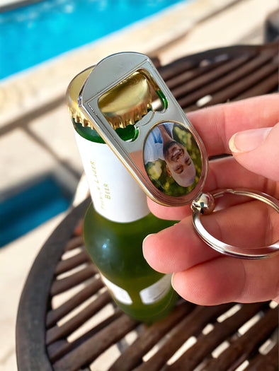 Personalized Photo Bottle Opener Keychain with optional engraving on back