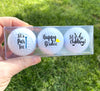 3 golf balls with happy birthday sayings