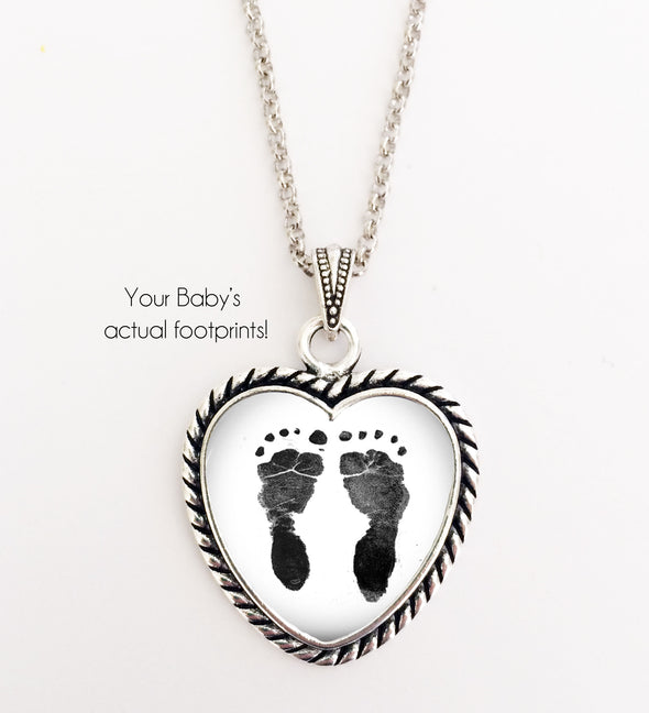 BABY Footprint Necklace, heart shape, Your baby's actual footprints on a necklace