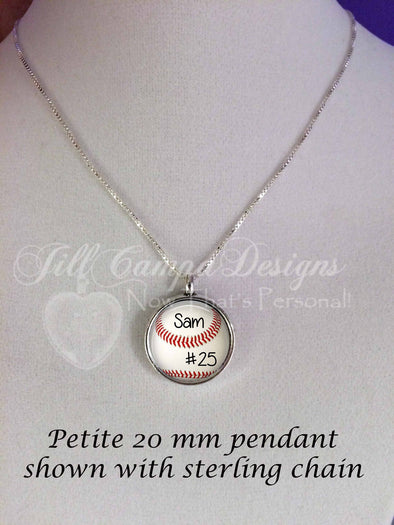 CUSTOM BASEBALL PENDANT - Petite custom baseball necklace - Your child's name and number - baseball - baseball mom - baseball necklace - 20 mm - Jill Campa Designs - Now That's Personal!  - 1