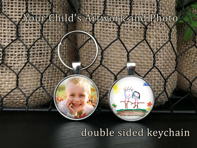 Personalized Double Sided  CHILD'S ARTWORK Handwriting and PHOTO Keychain