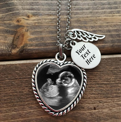 Baby Memorial Necklace - Heart Shaped Necklace, name charm, angel wing