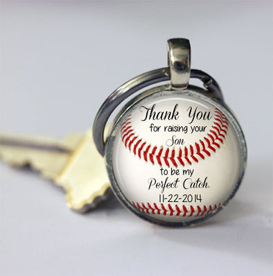 Gift for Father of the Groom - 30 MM Personalized BASEBALL key chain wedding date - "Thank you for raising your son to be my perfect catch" - Jill Campa Designs - Now That's Personal!  - 1