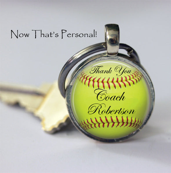 CUSTOM SOFTBALL KEYCHAIN - Thank you Coach - Personalized with your Coach's name - Gift for Softball Coach - softball key chain - 25 mm - Jill Campa Designs - Now That's Personal! 