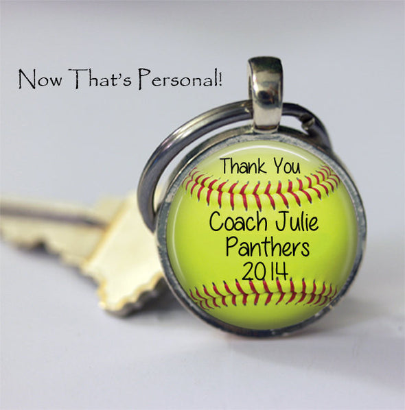CUSTOM SOFTBALL Key Chain - "Thank you Coach" - with your Coach's name, Team Name and year - Gift for Softball Coach - softball key chain - Jill Campa Designs - Now That's Personal! 
