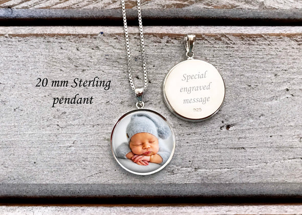 Sterling Silver 20 mm Photo Pendant with optional engraved message