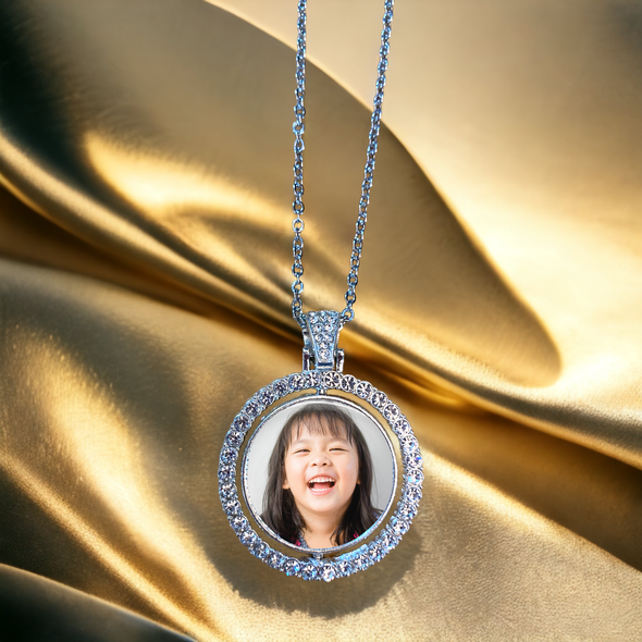 Round Silver Photo Necklace with Rhinestones - Double Sided